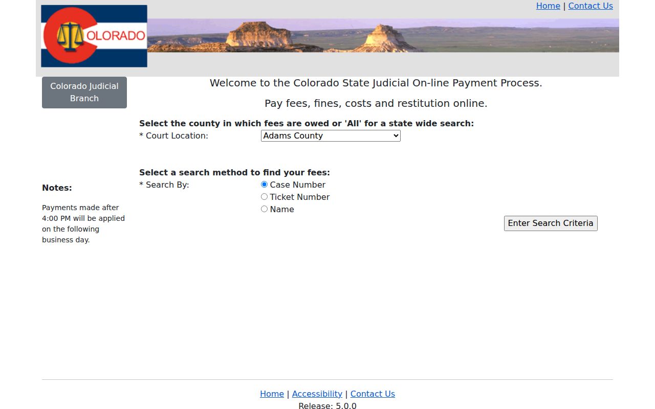 Colorado court payment search fields for a Moffat County traffic case