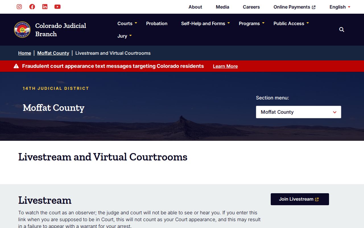 Moffat County bench warrant virtual courtroom links and failure-to-appear warning