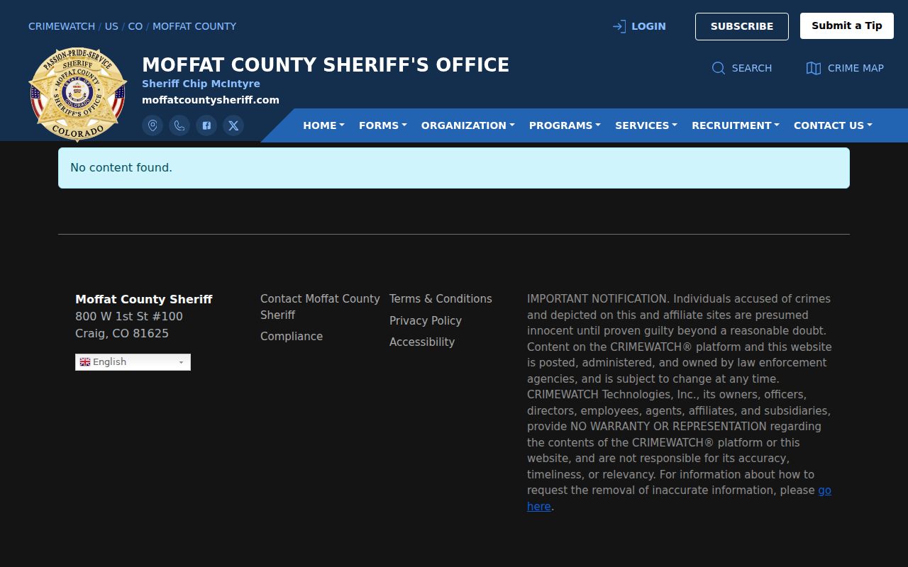 Moffat County active warrants official sheriff route with no populated list