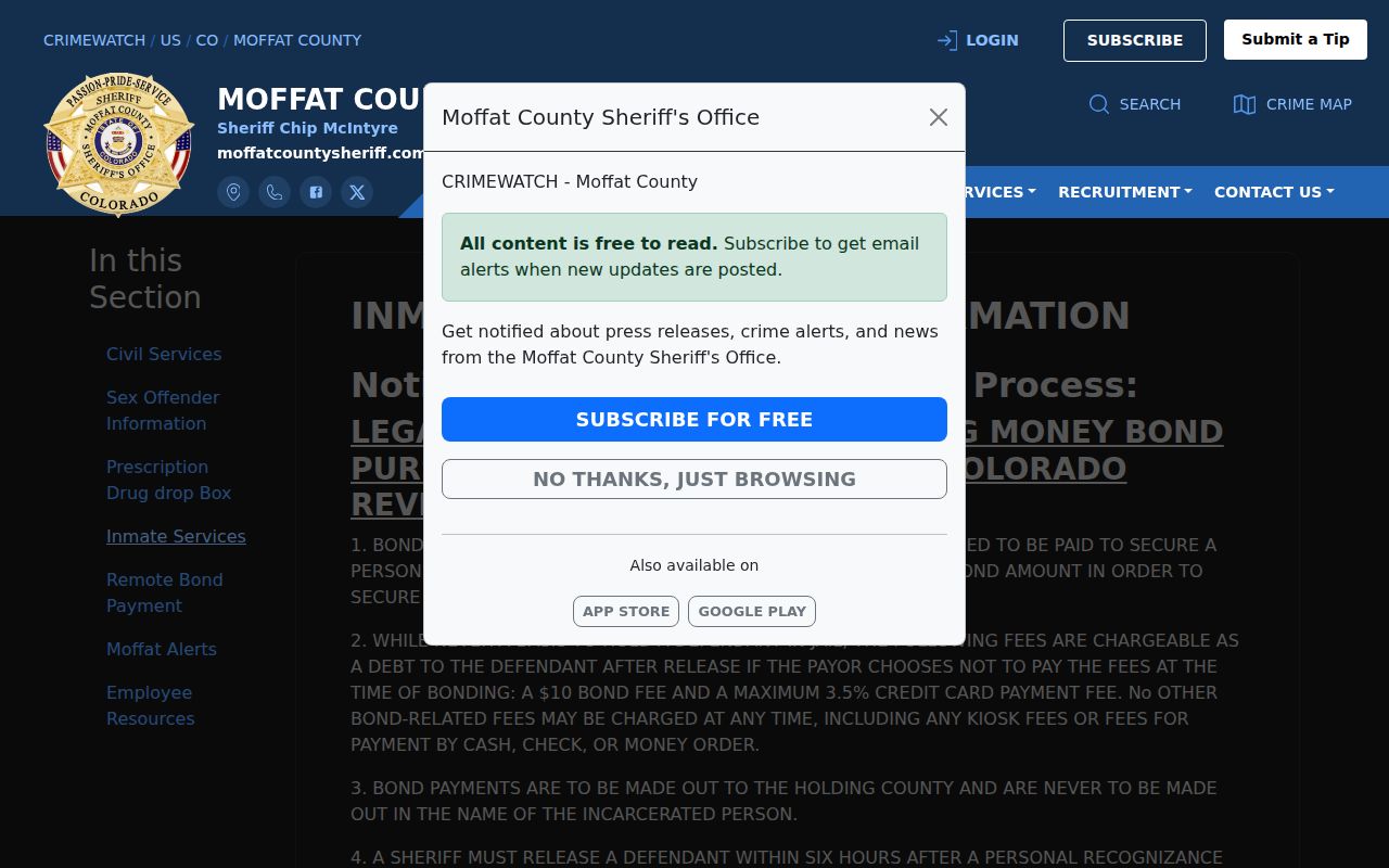 Moffat County arrest warrant bond fee and release rights notice
