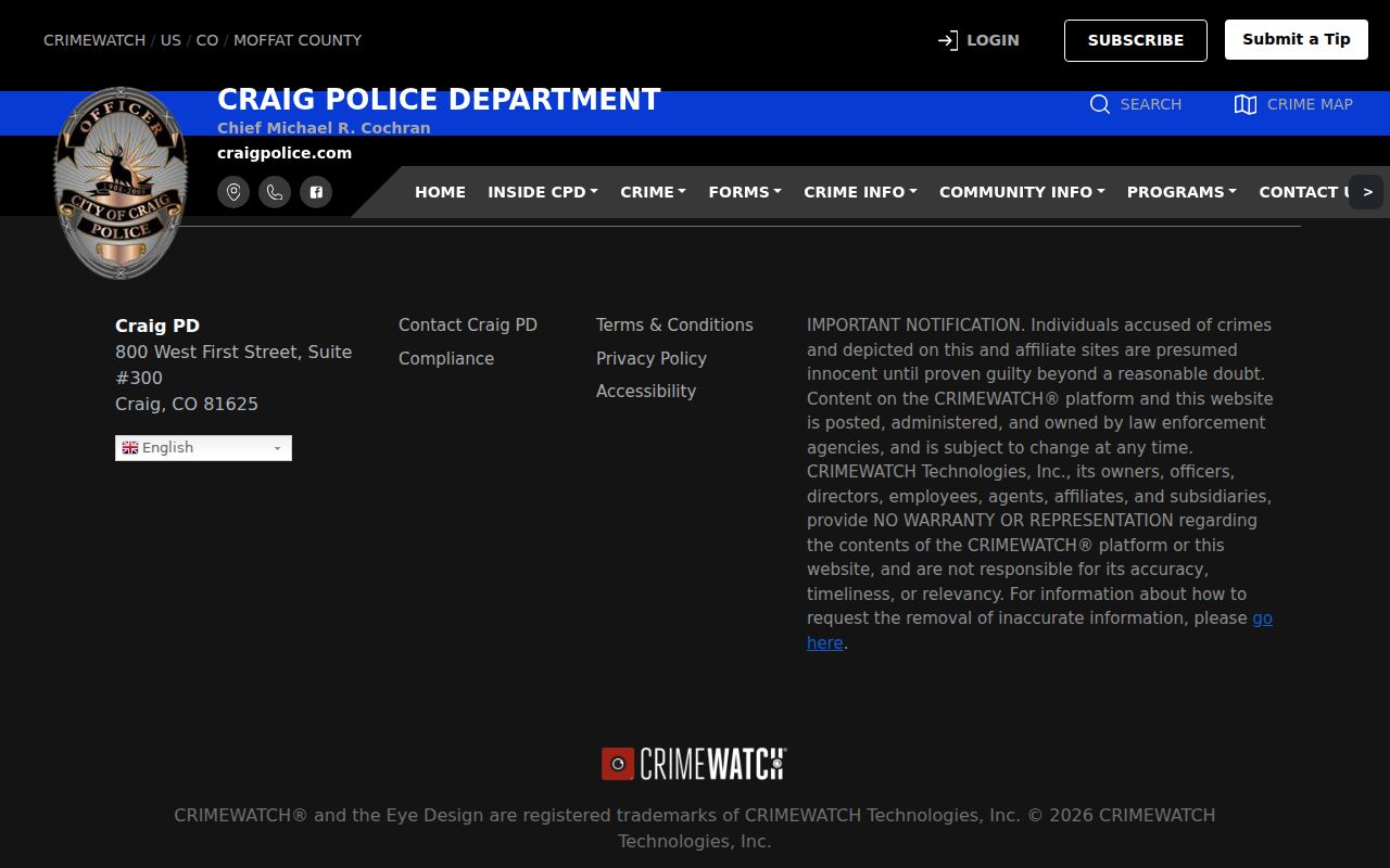 Craig Police official most wanted route showing no published roster
