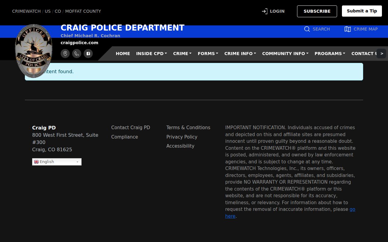 Official Craig Police warrant route showing no public records